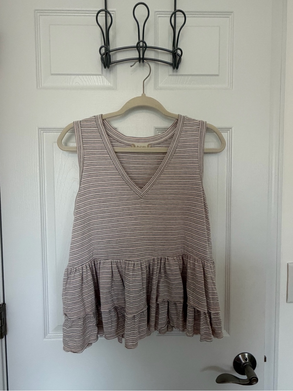Altar’d State Casual Sleeveless V-Neck Ruffled Peplum Tank - Taupe Stripe